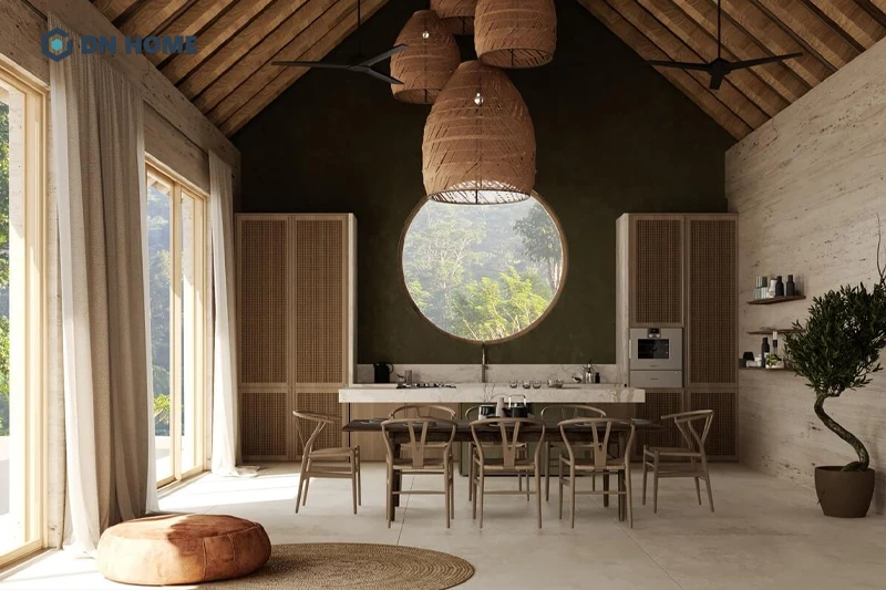 Không gian bếp ăn với điểm nhấn chùm đèn thả mây trong biệt thự nghỉ dưỡng Rustic