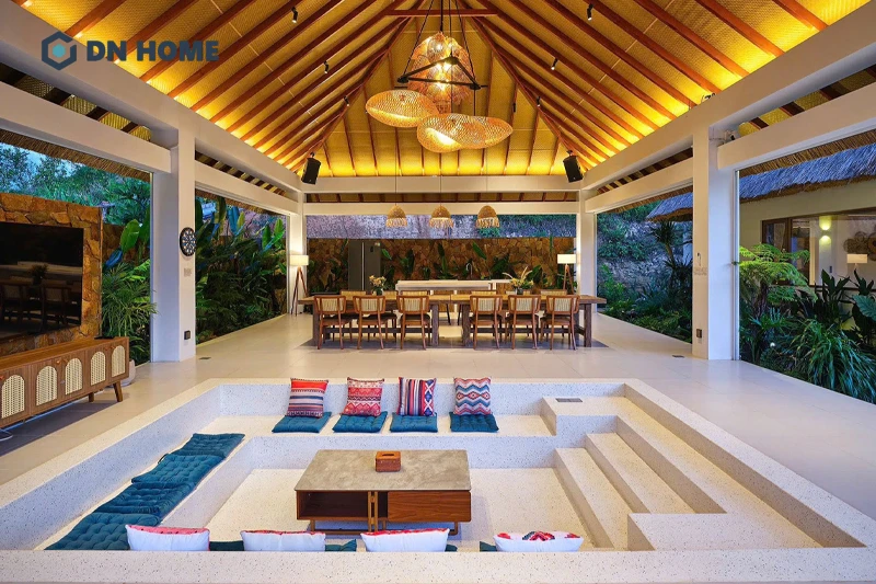 Không gian mở tuyệt đối bên trong biệt thự nghỉ dưỡng, tạo cảm giác gần gũi với thiên nhiên