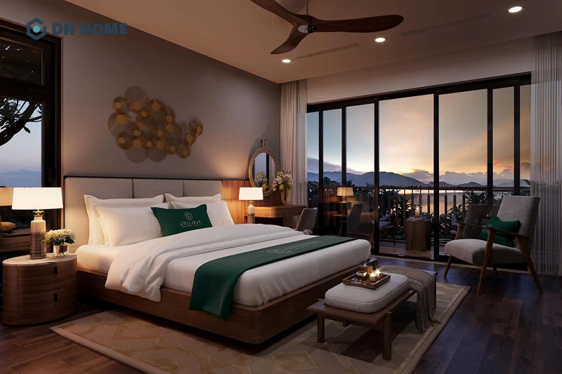 Phòng ngủ biệt thự nghỉ dưỡng trên núi được thiết kế sang trọng, tiện nghi nhưng vẫn ấm cúng