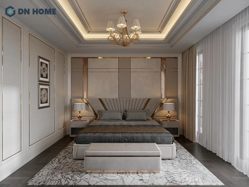 Phòng ngủ biệt thự phố Châu Âu hiện đại thiết kế tối giản, thể hiện sự sang trọng thông qua các chi tiết mạ vàng tinh tế