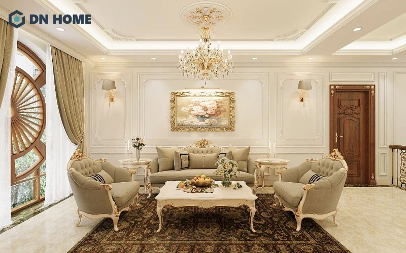 Thiết kế biệt thự phố phong cách Châu Âu với không gian phòng khách đẹp tinh tế, sang trọng