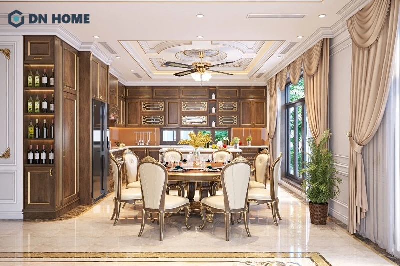 Khu vực bếp - ăn trong thiết kế biệt thự phố phong cách Châu Âu ưu tiên sự liên thông, không gian mở