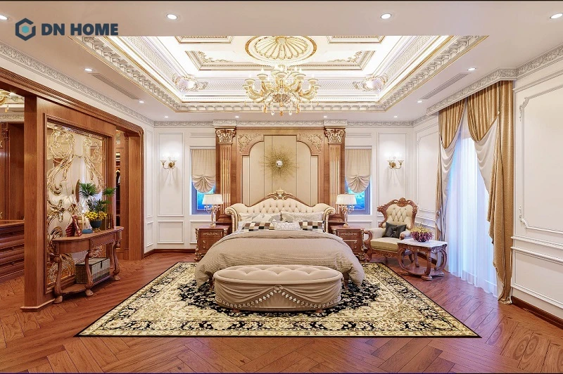 Giường ngủ có kích thước lớn, hai bên là tab nhỏ tạo nên sự đối xứng hài hoà