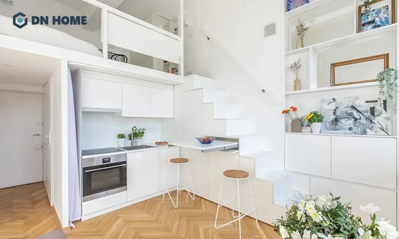 Mẫu căn hộ mini 15m2 sử dụng phần gầm cầu thang để làm bàn ăn thông minh, tối ưu diện tích không gian