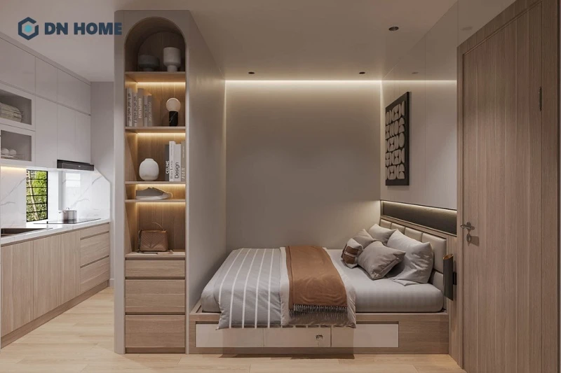 Thiết kế căn hộ 15m2 sử dụng nội thất thông minh, phần vách ngăn vừa giúp phân chia không gian, vừa làm kệ trang trí