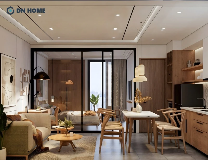 Căn hộ mini 15m2 không gian mở, phân cách không gian nghỉ ngơi bằng vách kính trong suốt