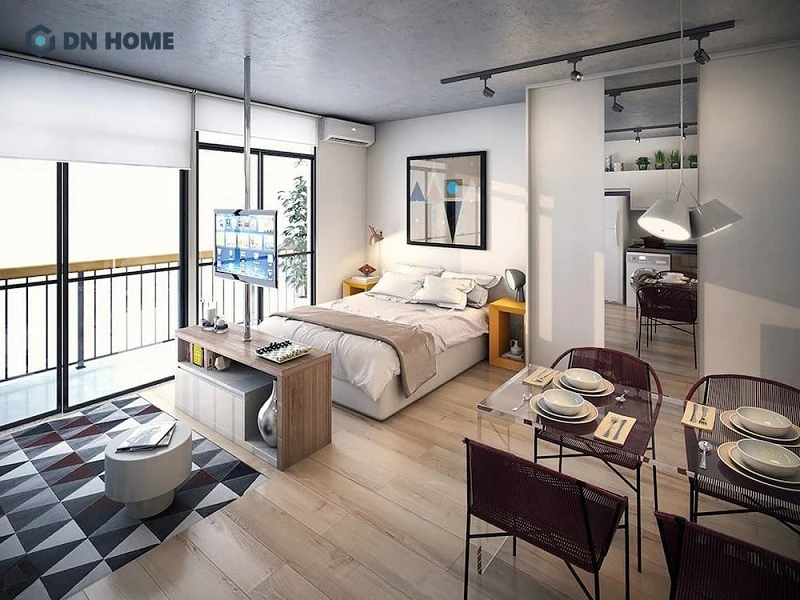 Mẫu căn hộ mini 15m2 với cách bố trí nội thất khoa học, sử dụng thêm gương giúp tạo hiệu ứng mở rộng không gian tốt hơn