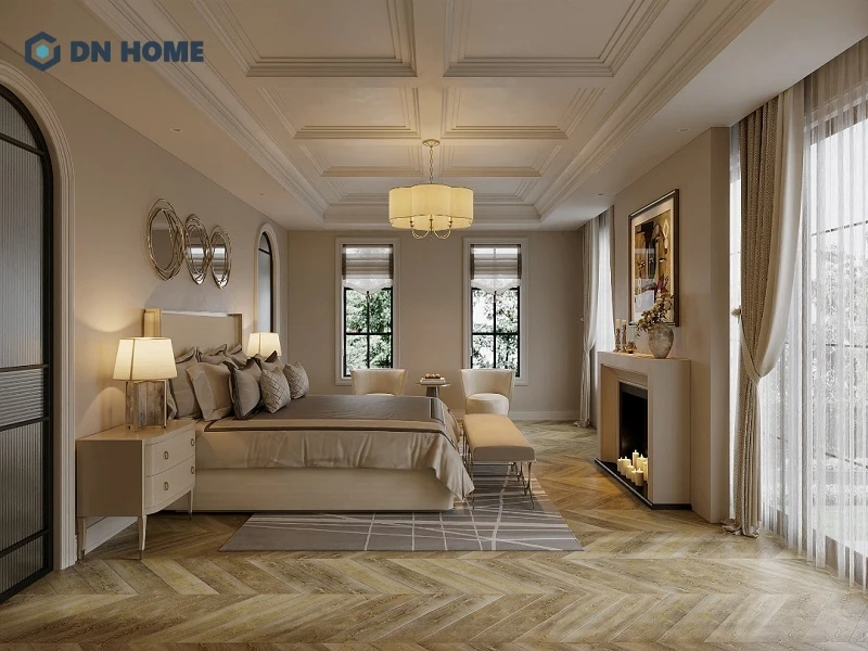 Không gian phòng ngủ tận dụng tối đa ánh sáng tự nhiên từ cửa sổ lớn, kết hợp ánh sáng nhân tạo nhẹ nhàng