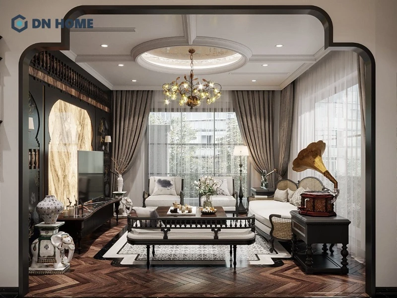 Thiết kế nội thất biệt thự nhà vườn phong cách Indochine ưu tiên sử dụng các loại vật liệu tự nhiên như gỗ, tre, gạch bông,...