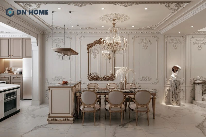Vẻ đẹp sang trọng của căn bếp cổ điển được hiện lên qua các đường phào chỉ tinh tế