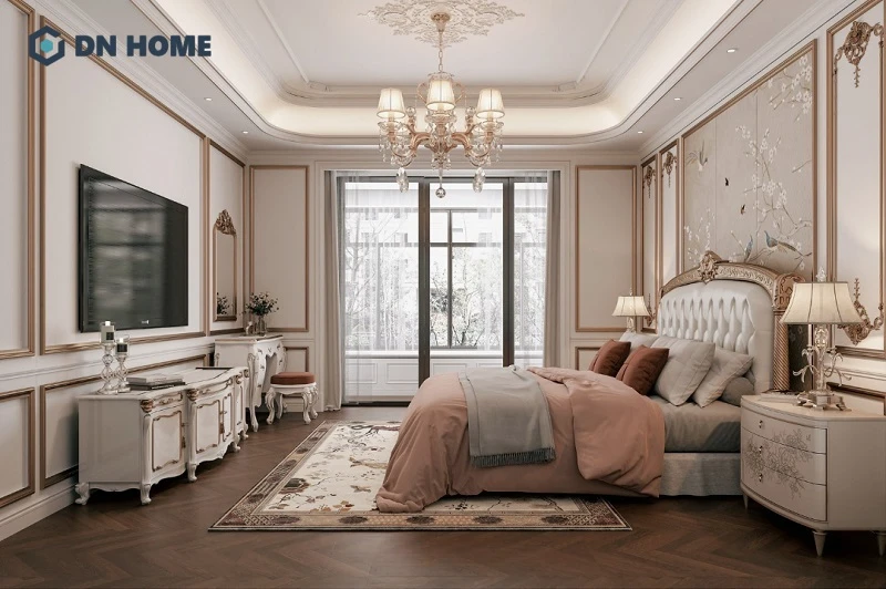 Không gian phòng ngủ thiết kế đồng bộ với tổng thể, nét đẹp cổ điển nhưng vẫn đảm bảo tính tiện nghi hiện đại