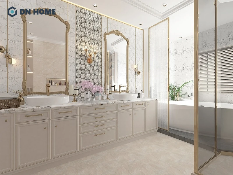 Phòng tắm biệt thự thiết kế với gam màu sáng, điểm xuyết là các vật liệu kim loại mạ vàng