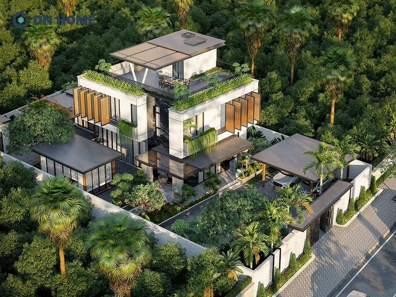 Không gian bên ngoài của biệt thự nhà vườn Luxury được phủ một lớp xanh mát mắt
