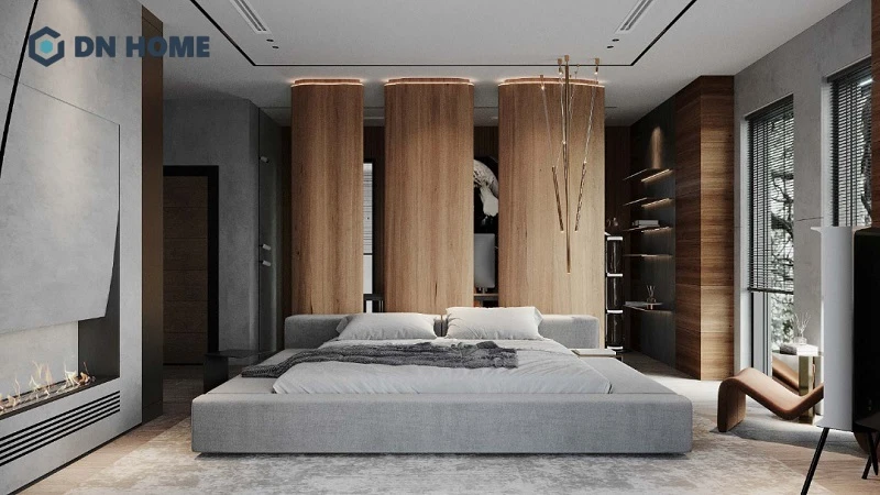 Phòng ngủ thiết kế theo phong cách hiện đại, điểm xuyết vật liệu gỗ sáng màu giúp không gian thêm phần ấm áp