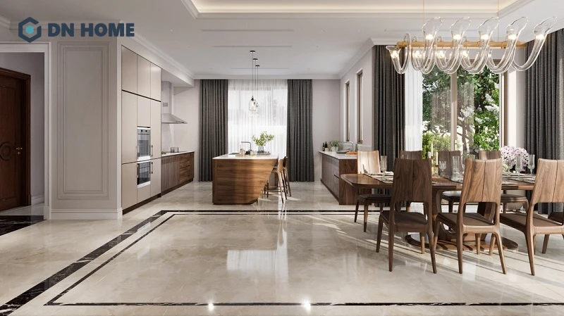Mẫu phòng bếp biệt thự nhà vườn sử dụng vật liệu gỗ tự nhiên, tạo nên không gian gần gũi, ấm cúng