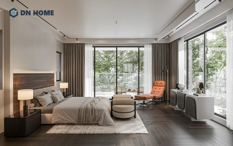 Thiết kế nội thất biệt thự nhà vườn với không gian phòng ngủ hướng đến việc tạo ra trải nghiệm thư giãn nhẹ nhàng, dễ chịu