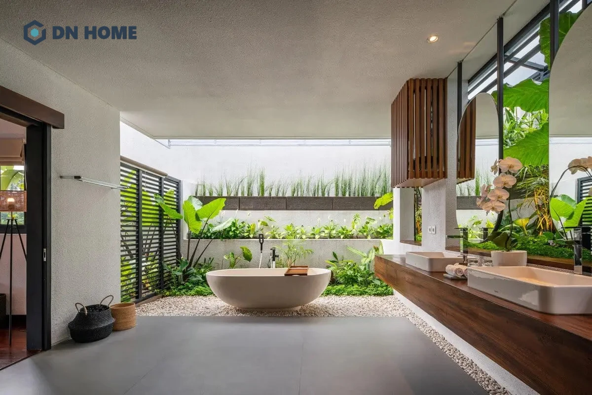 Thiết kế nội thất biệt thự nhà vườn với không gian phòng tắm gần gũi với thiên nhiên