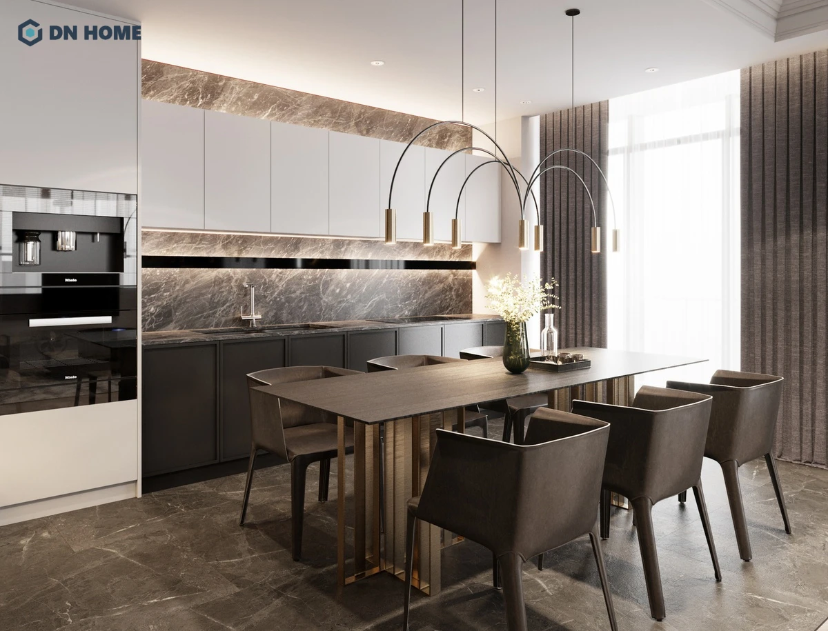 Đèn thả, đèn chùm là điểm nhấn tạo nên vẻ đẹp sang trọng cho không gian chung cư phong cách Luxury