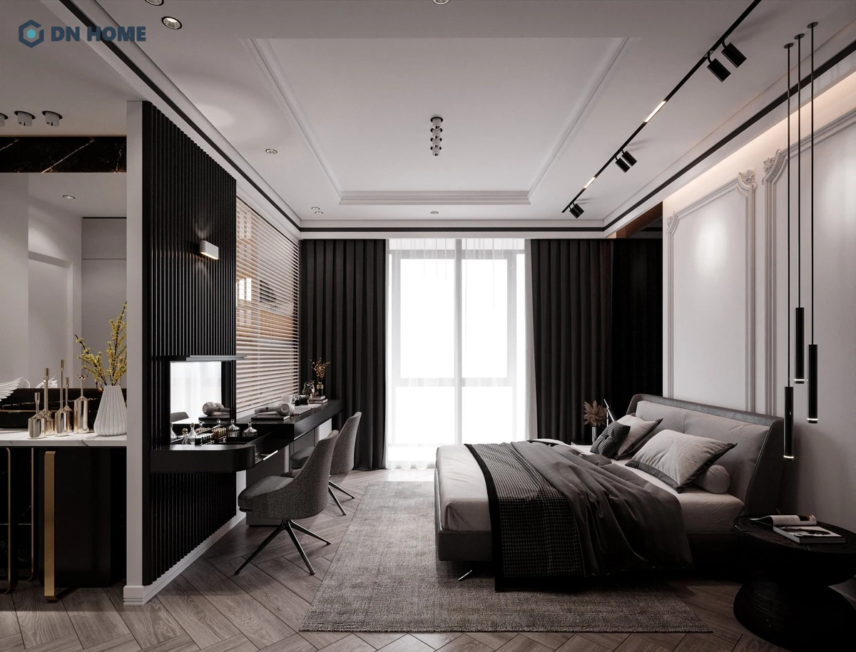 Phòng ngủ master trong không gian nội thất chung cư 100m2 phong cách Luxury