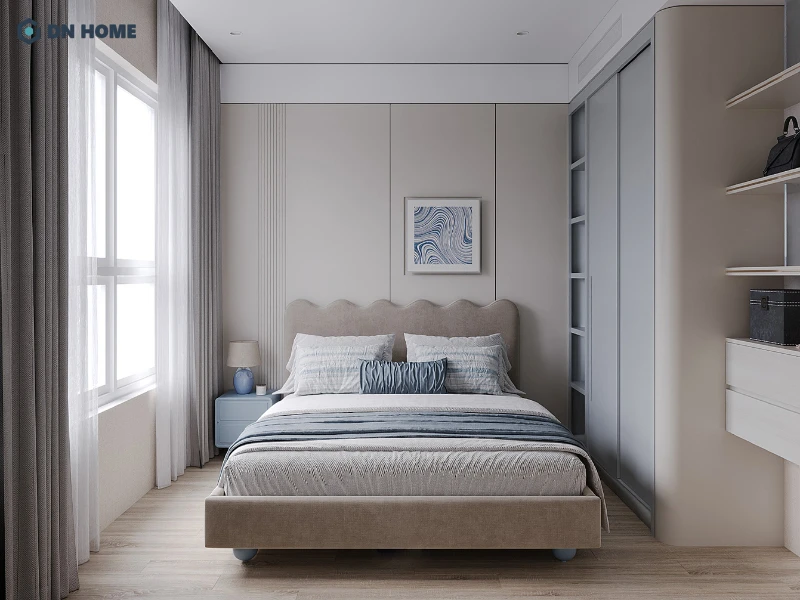 Phòng ngủ thứ 2 dành cho con cái được thiết kế với gam màu xanh pastel làm điểm nhấn