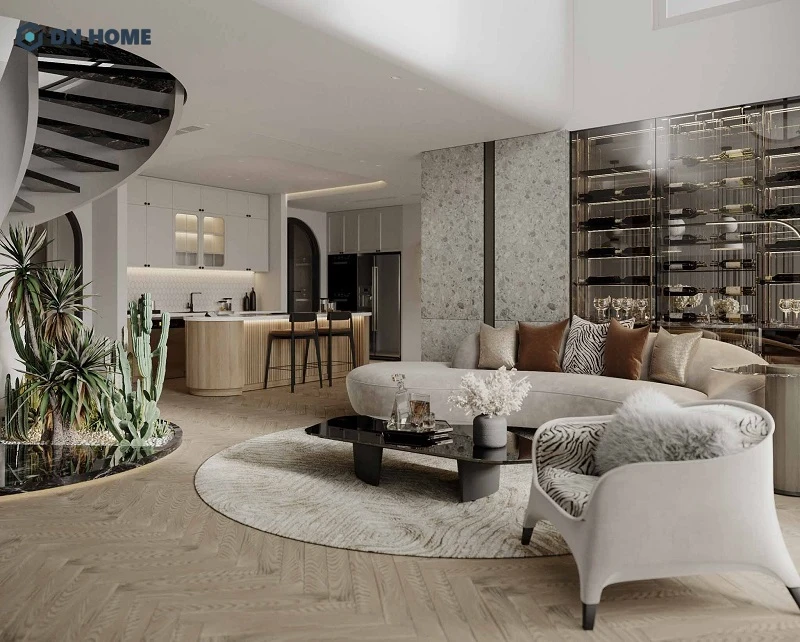 Thiết kế nội thất chung cư 150m2 thoáng đãng với cách bố trí phòng khách liền bếp, kết hợp trang trí cây xanh