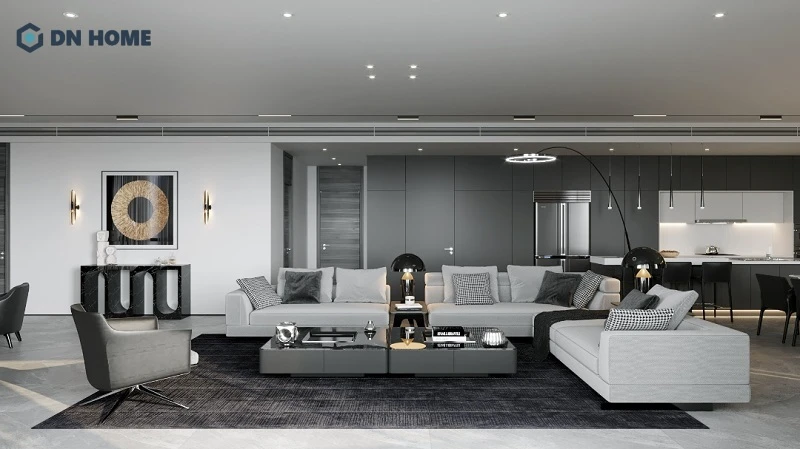 Phòng khách chung cư 150m2 phong cách tối giản tập trung chủ yếu vào công năng và các đường nét đơn giản, gọn gàng