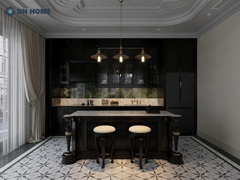 Thiết kế nội thất chung cư 150m2 với phòng bếp đơn giản nhưng sang trọng, đầy đủ tiện ích cơ bản