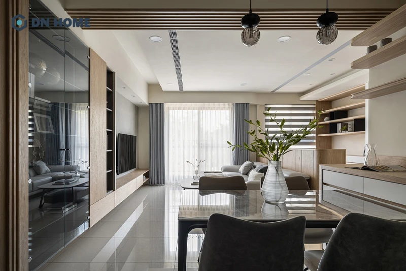 Thiết kế mở kết hợp tận dụng tối đa ánh sáng tự nhiên giúp không gian chung cư 56m2 luôn thoáng rộng, dễ chịu