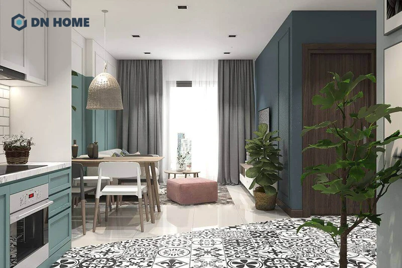 Kết hợp khéo léo các màu sắc tươi sáng là đặc trưng thiết kế chung cư 56m2 phong cách Tropical