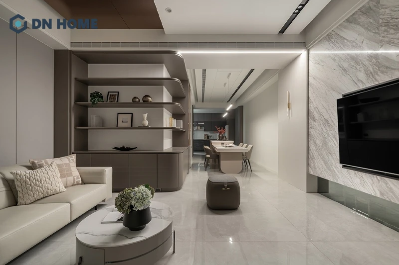 Thông thường, phòng khách và bếp ăn trong chung cư 56m2 được thiết kế mở liên thông để tối ưu diện tích