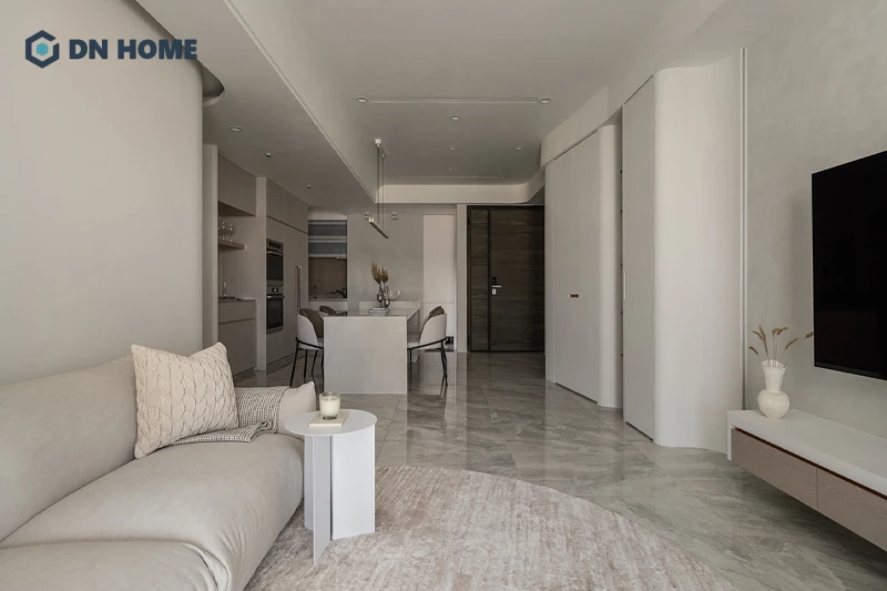 Căn hộ chung cư 56m2 với 2 phòng ngủ thường tối ưu diện tích bằng thiết kế mở liên thông phòng khách và bếp ăn