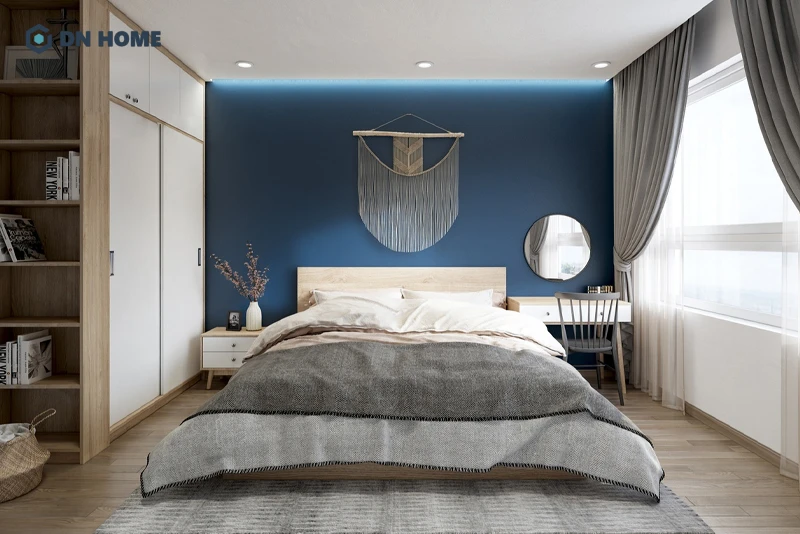 Không gian phòng ngủ ấm cúng và ấn tượng với điểm nhấn bức tường background đầu giường