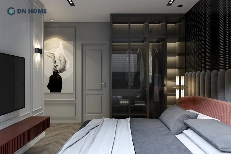 Ánh đèn vàng và chất liệu cao cấp được sử dụng chính trong phòng ngủ chung cư tân cổ điển