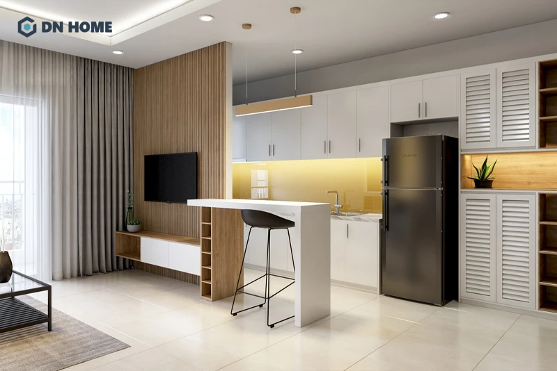 Tủ bếp hình chữ I tinh gọn giúp không gian bếp rộng rãi nhưng vẫn đảm bảo tiện nghi