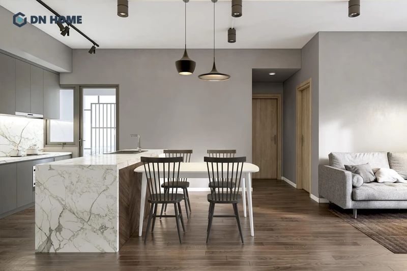 Không gian mở đặc trưng của phong cách tối giản giúp chung cư 77m2 thoáng rộng hơn