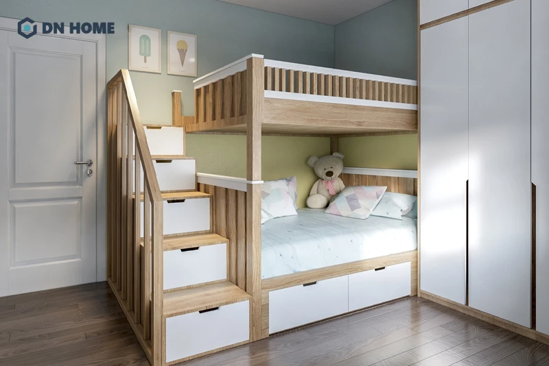 Phòng ngủ nhỏ dành cho 2 con với gam màu pastel nhẹ nhàng, thư giãn
