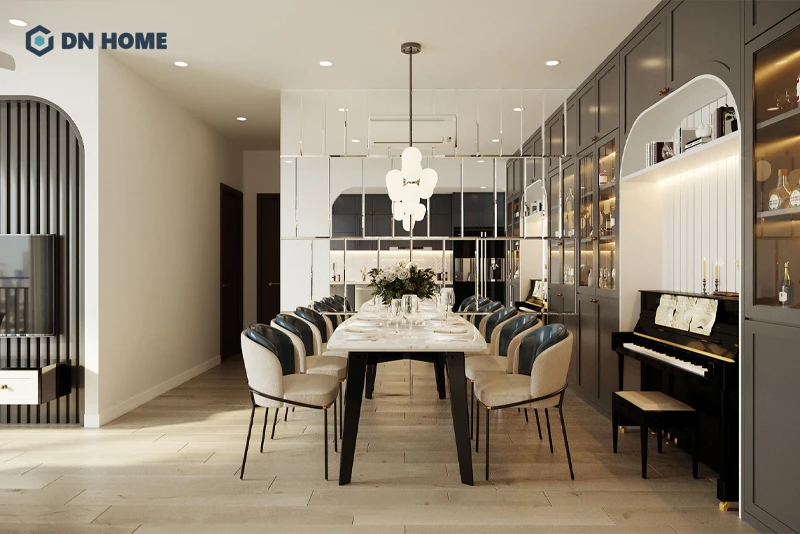 Bố trí gương tạo cảm giác nhân đối không gian giúp căn hộ 77m2 trông rộng rãi hơn