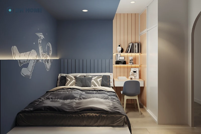Phòng ngủ dành cho con trai thiết kế với gam màu xanh và đường nét thẳng cá tính chủ đạo