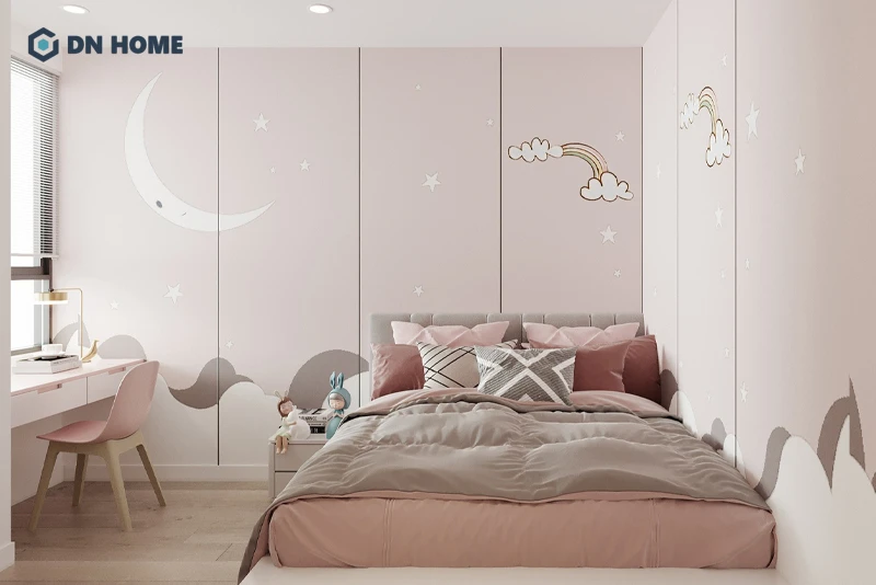 Phòng ngủ dành cho bé gái thiết kế dựa theo sở thích với gam màu hồng xinh xắn
