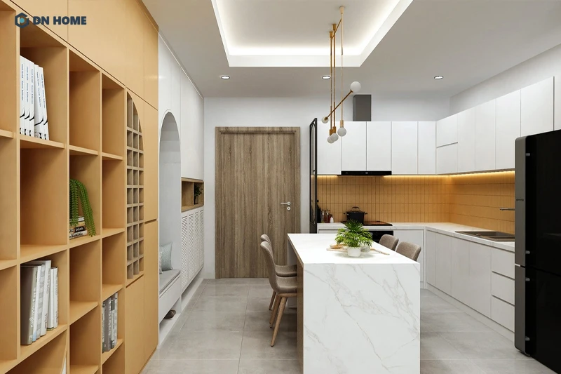 Không gian phòng bếp thoáng rộng, có điểm nhấn Color Block với hai màu cam - trắng