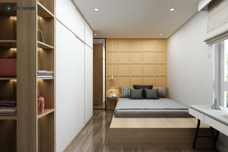 Background giường ngủ dạng ô vuông Color Block màu cam là điểm nhấn thẩm mỹ phòng ngủ master