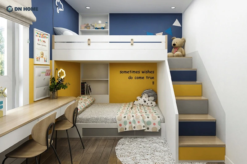 Tinh thần color block được thể hiện rõ rệt trong phòng ngủ dành cho hai bé nhỏ