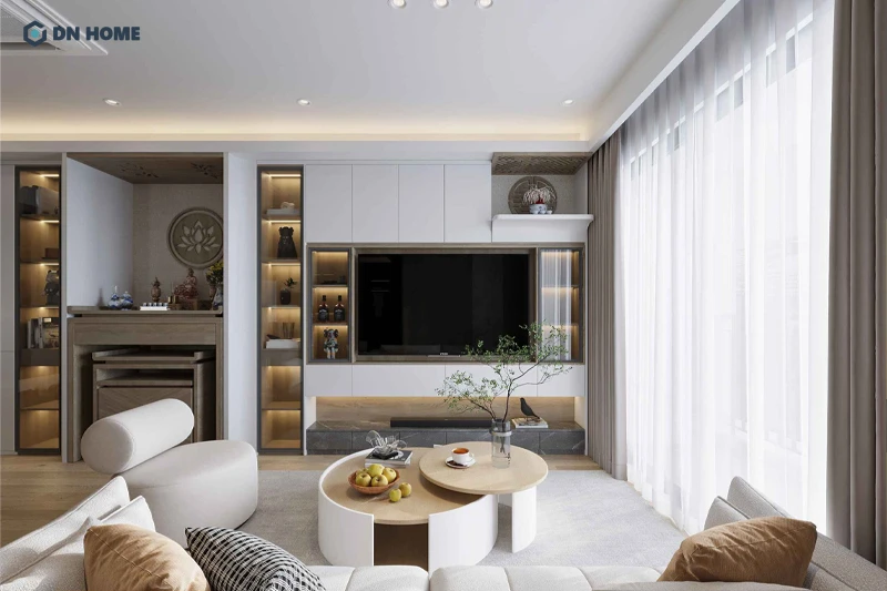 Nội thất phòng khách chung cư 85m2 nên đặt gần ban công hoặc cửa sổ lớn đẻ không gian thêm thoáng rộng