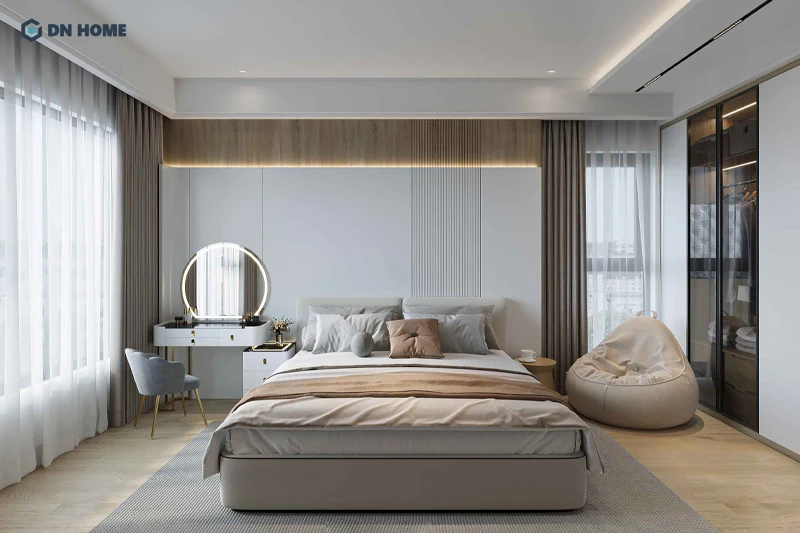 Phòng ngủ căn hộ 85m2 chú trọng việc tạo nên không gian thoải mái, thư giãn