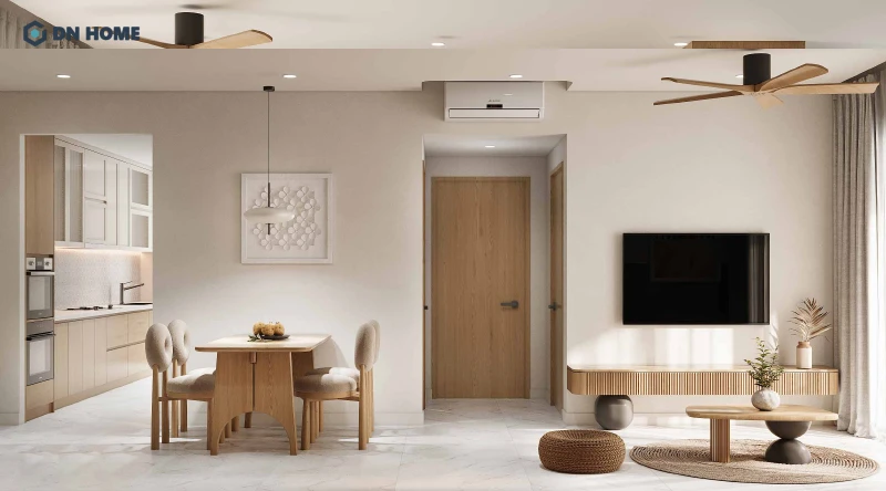 Chất liệu gỗ được sử dụng chủ đạo trong thiết kế chung cư 85m2 phong cách Japandi - Wabi Sabi