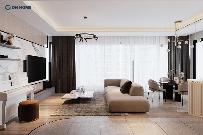 Nội thất phòng khách chung cư 85m2 được bố trí khoa học, tạo cảm giác thoáng đãng và thoải mái