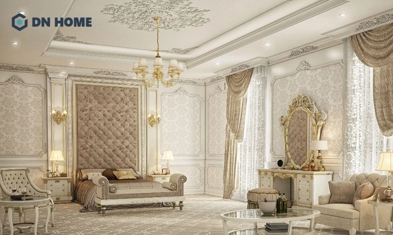 Thiết kế nội thất phòng ngủ biệt thự cổ điển nổi bật với những đường nét chạm khắc tinh xảo, đẹp mắt