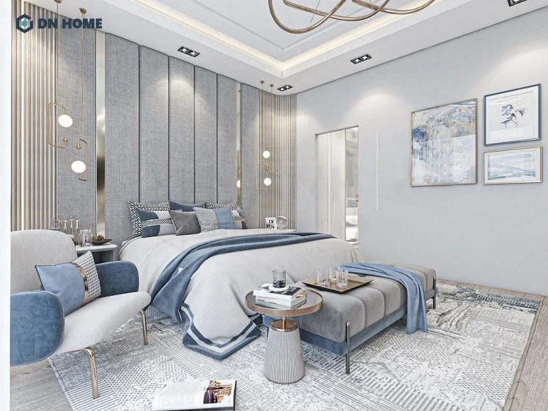 Sự kết hợp nhẹ nhàng giữa gam màu xanh - xám tạo nên không gian phòng ngủ đầy thư giãn