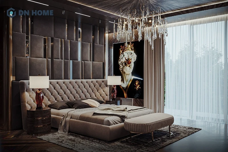 Không gian thường ưu tiên sử dụng các vật liệu đá marble, gỗ tự nhiên, vải nhung, pha lê cao cấp,...