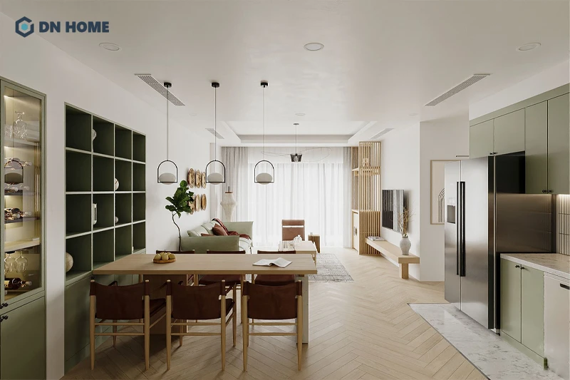 Phòng ăn trong căn hộ chung cư thường được thiết kế mở liên thông với không gian bếp và phòng khách